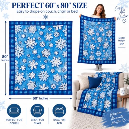 Snowflake Throw Blanket 60x80in Winter Christmas Blanket - Blue & White, Festive Holiday Decor