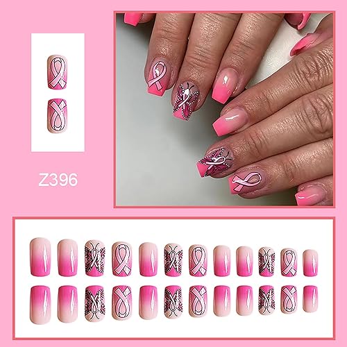 Onsdag Pink Press on Nails Short Square Glossy Butterfly False Nails