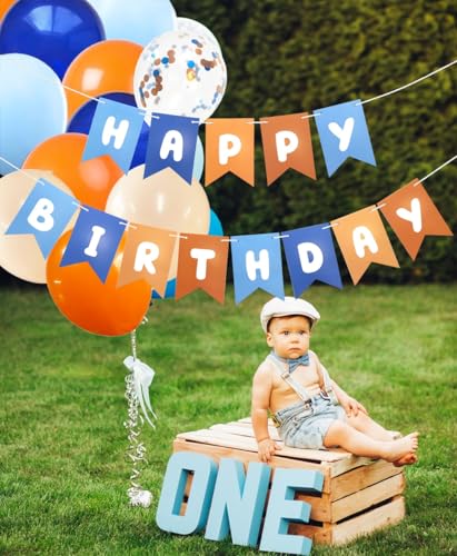 Blue and Orange Happy Birthday Banner for Kids Party Decor