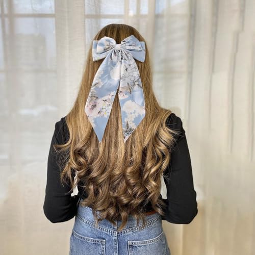 JazSwirl Blue Floral Hair Bow Clip Large Long Ribbon Hair Accessory