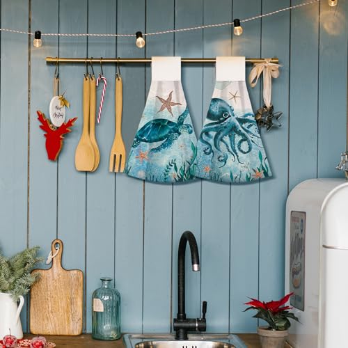 Sratte 4 Pcs Ocean Animal Hanging Kitchen Towels Sea Turtle Seahorse Blue