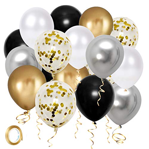 50pcs Black Gold Silver Metallic Confetti Balloons - 12 Inch
