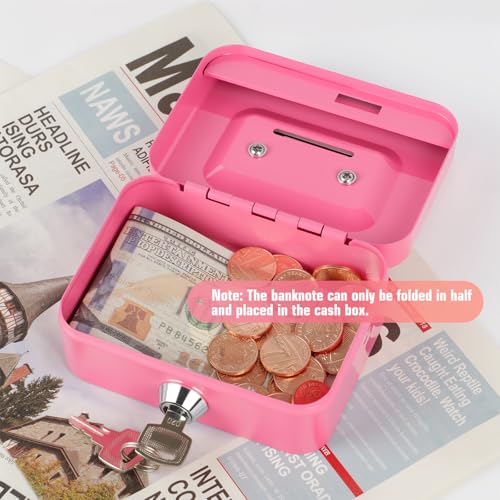 Crinwaki Mini Pink Steel Cash Box with Lock and Coin Slot - 4.5" Compact Safe