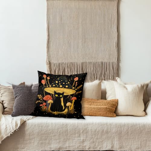 Whimsical Mushroom & Black Cat Pillow Cover - 18x18 Inch Cushion Case for Sofa & Bed