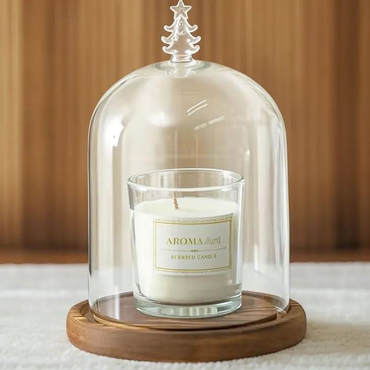 Medium Glass Cloche Dome with Wooden Base and Christmas Tree Top - 4.7x6.3 inches