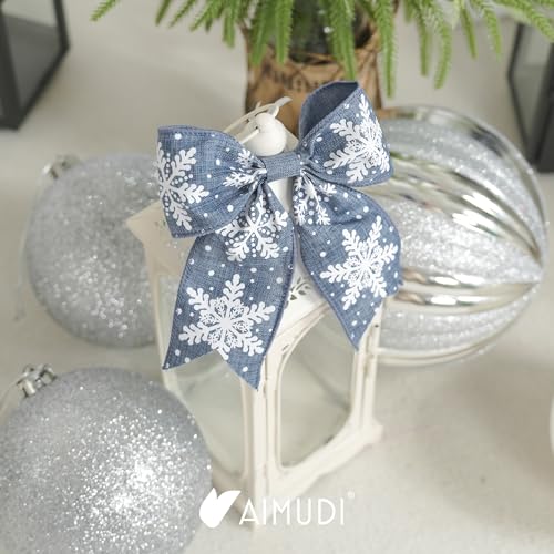 Dusty Blue Christmas Bows for Wreaths 6-Inch Snowflake Burlap Gift Wrap Decorations - 12 Pcs