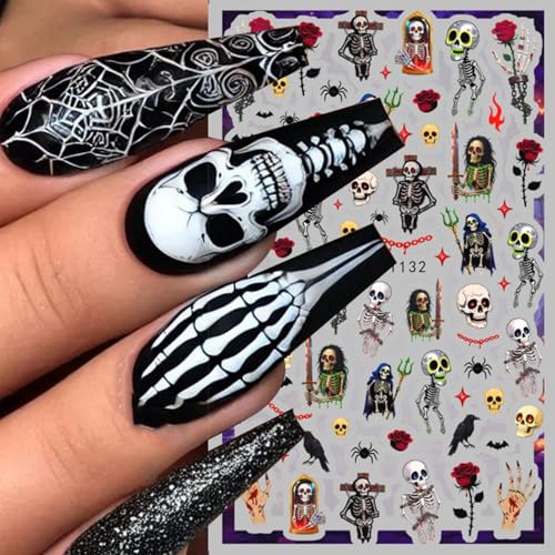 TailaiMei Halloween Nail Stickers - 5 Sheets Pumpkin & Bat Self-Adhesive Decals