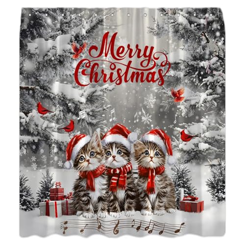 Christmas Cat Shower Curtain 70x70 Inches Snowflake Scene Pine Tree Holiday Fabric Bathroom Decor with Hooks