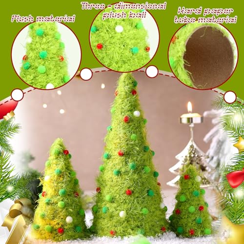 Furry Christmas Tree Decorations Set - Green, Multiple Sizes, 3 Pcs