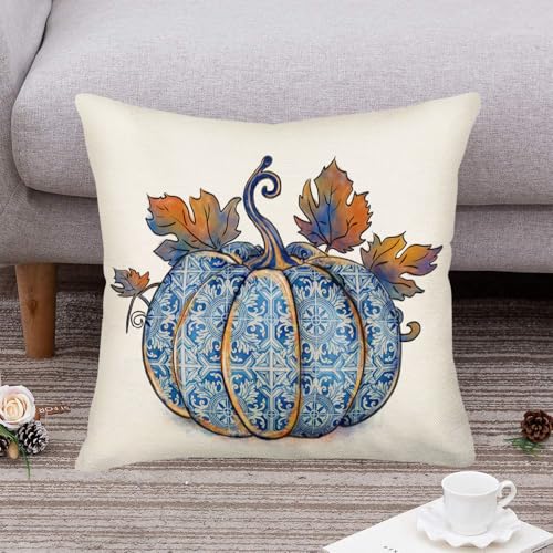 Fukeen Blue Pumpkin & Maple Leaves 16x16 Fall Pillow Cover