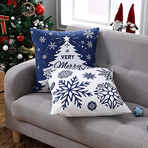 NANAN Blue 18x18 Inch Christmas Pillow Cover Set of 4 Snowflake Merry Christmas Elk Decor