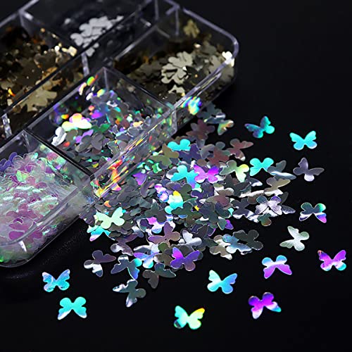 6-Grid Holographic Butterfly Nail Glitter Sequins for Acrylic Nail Art