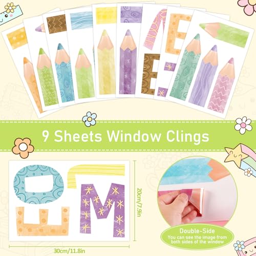 Quera Pastel Pencil Window Clings - 9 Sheets Reusable Back to School Decals