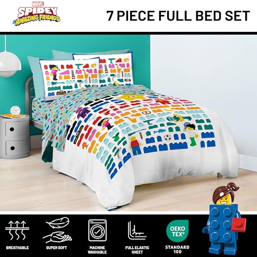 Kids LEGO Comforter Set - White Full Size Bedding with LEGO Design - 7 Pieces