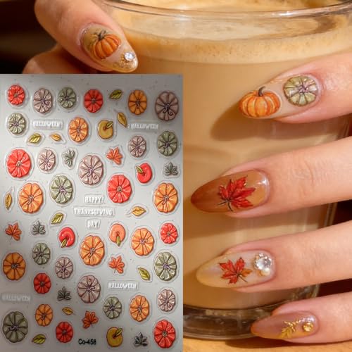 Fall Nail Stickers 5D Gold Foil Maple Leaf & Pumpkin Decals 4pcs