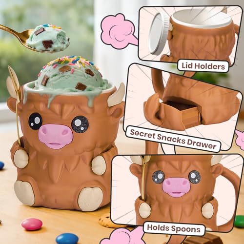 Highland Cow Ice Cream Pint Holder with Handle & 2 Spoons