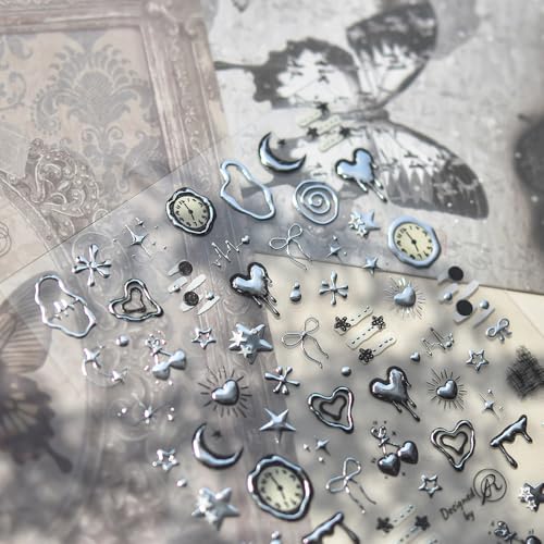 Silver 3D Embossed Self-Adhesive Heart Star Nail Art Stickers