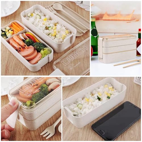 Beige 3-Layer Portable Bento Box 900ML Wheat Straw Food Storage Container