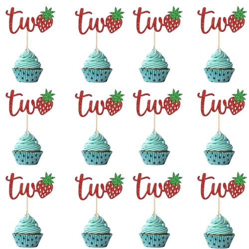12 Red Glitter 'Two' Strawberry Cupcake Toppers for 2nd Birthday