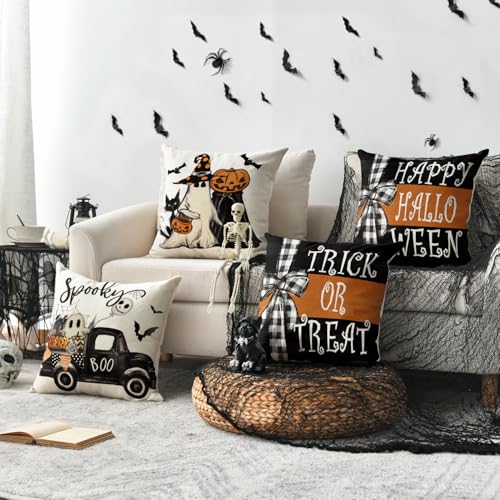 AVOIN colorlife Happy Halloween Ghost Bat Throw Pillow Covers, 18x18 Inch (Set of 4)