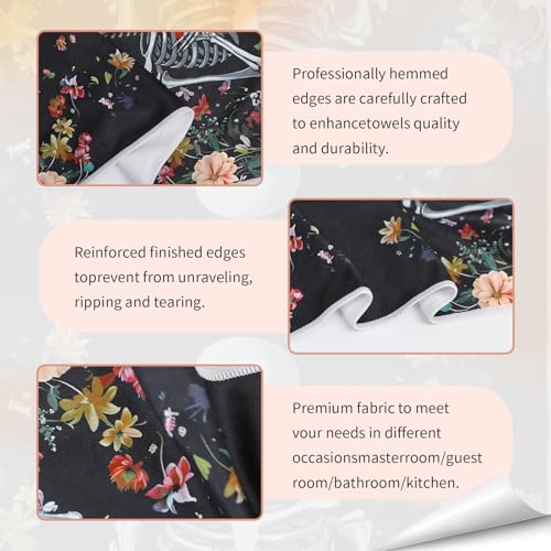 Gothic Skull Kitchen Towels 2 Pack - Cute Goth Flower Microfiber Dish Hand Towels with Hanging Loop