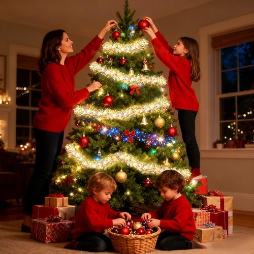 Lighted Christmas Tinsel Garland 2 Pack - Iridescent Metallic Foil Streamers with Lights