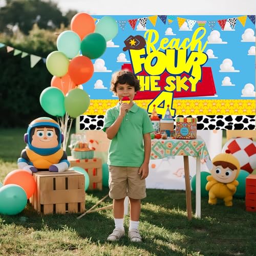 Reach for the Sky Birthday Backdrop - Clouds & Cartoon 4th Party Decoration