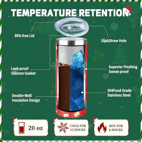 2 Pack Christmas 20oz Stainless Steel Skinny Tumblers with Lid & Straw - Holiday Gift
