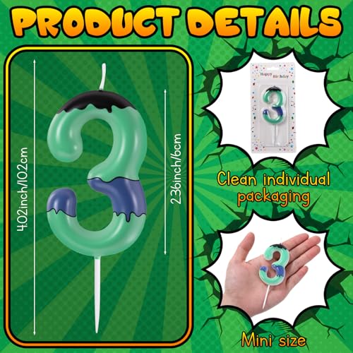 Conelist Number 3 Green Giant Birthday Candles Cake Topper, Party Decor