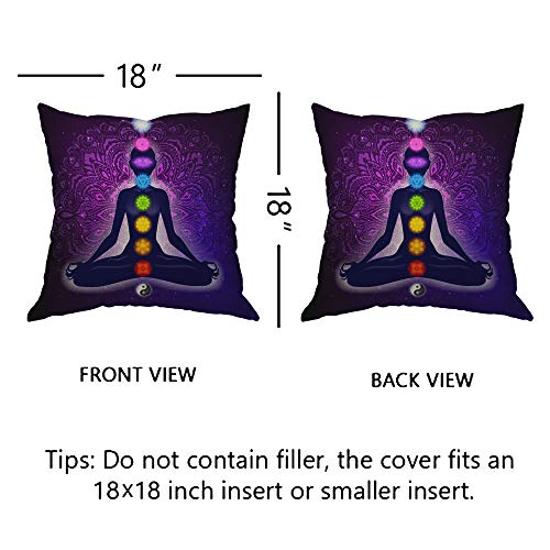 EKOBLA Multi-a325 Meditating Woman Lotus Pose Pillow Cover, 18x18 Inch Cotton Linen, Colorful 9 Chakras Design