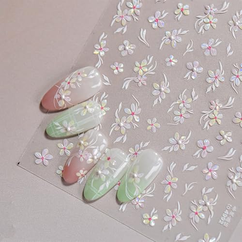 5D Embossed Flower Nail Art Stickers - White Peach Blossom Decals
