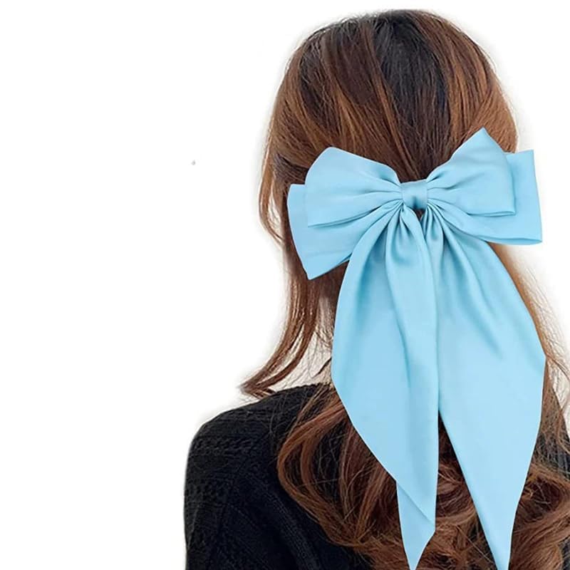 Silky Satin Bow Hair Clip with Long Tails Large French Barrette Light Blue