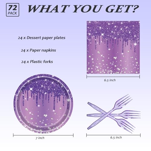 Purple Glitter Party Tableware Set - 72 Pcs for 24 Guests