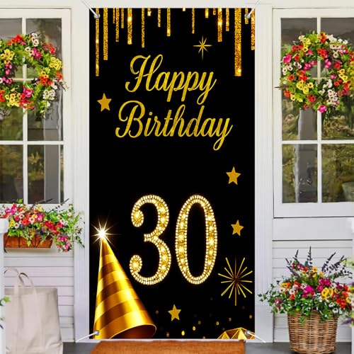 BlissYard 30th Birthday Door Cover 35x71 Inch Black and Gold Decor