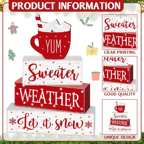 Red Winter Christmas Block Signs Set - 4 Pcs Tabletop Decor with Rustic Farmhouse Charm (Variation: White, Red)