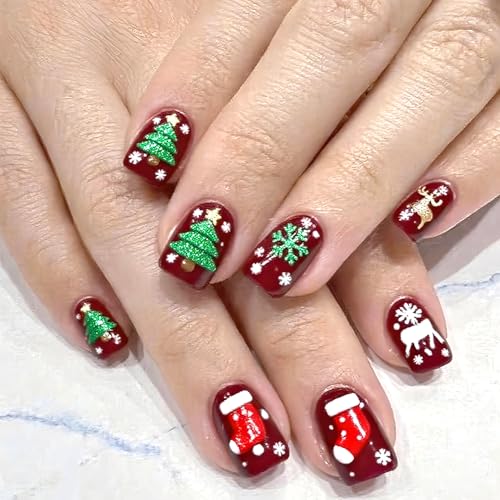 KTAABTR Christmas Press on Nails Short Square Winter Dark Red Fake Nails