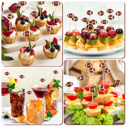 50 Pcs Football 3D Bamboo Cocktail Picks - 4.72 Inch Decorative Skewers
