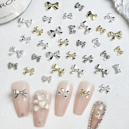 Tephrent 100Pcs Metal Bow Nail Gems and Charms - Gold & Silver Rhinestones
