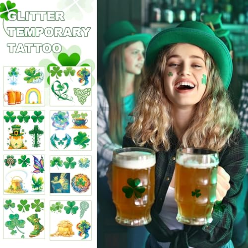 VERKSTAD 24 Sheets St. Patrick's Day Glitter Shamrock Temporary Tattoos
