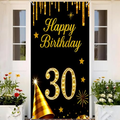 BlissYard 30th Birthday Door Cover 35x71 Inch Black and Gold Decor