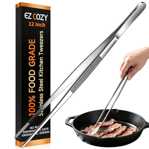 EZ COZY 12" Stainless Steel Kitchen Tweezers - Heat Resistant Tongs