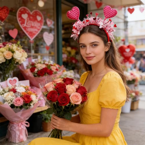 Valentines Pink Heart Headband Plush Sparkly Hair Hoop for Women
