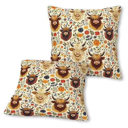 Highland Cow Throw Pillow Covers 18x18 Set of 2 - Floral Farmhouse Decor