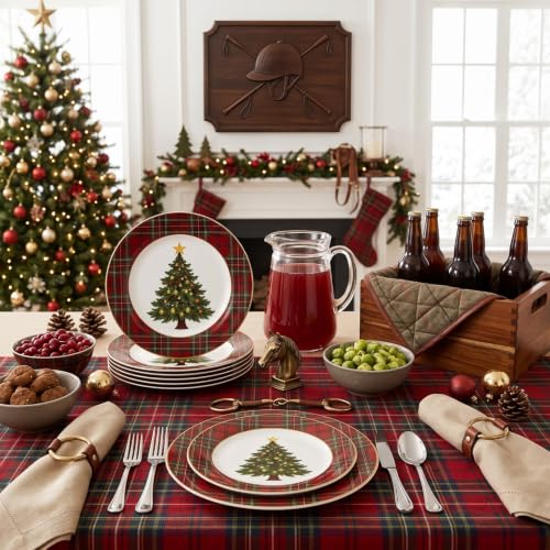 Christmas Party Supplies Set 168 Pcs Red Plaid Dinnerware for 24 Guests - Festive Holiday Tableware