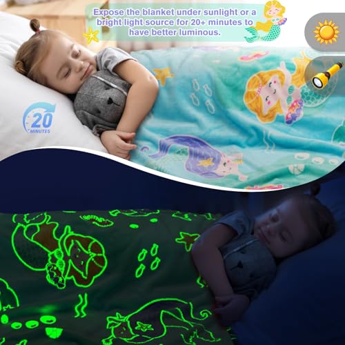 Levens Blue Mermaid Glow in the Dark Throw Blanket, Soft Plush 50"x60" Gift