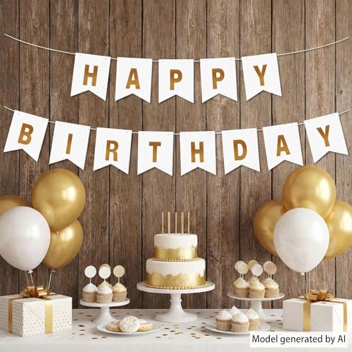 Elegant White Gold Happy Birthday Banner - Reusable Party Decor