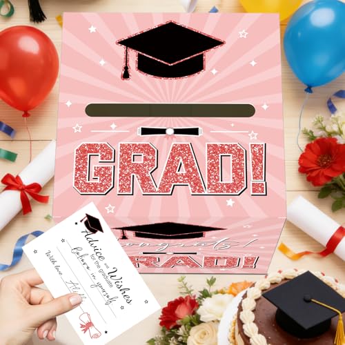 2026 Graduation Card Box with 50 Advice Cards - Pink & Rose Gold
