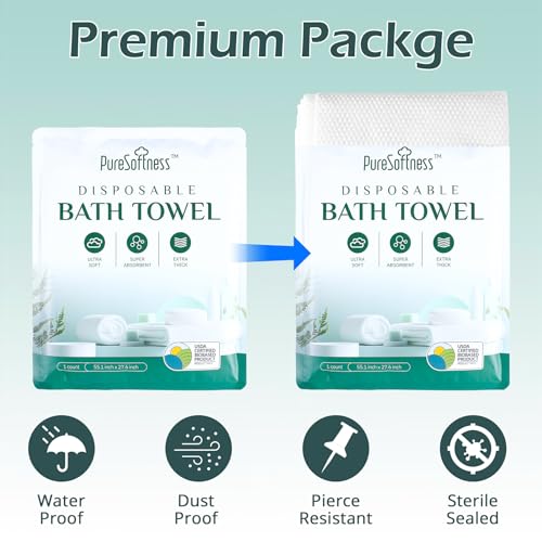 PureSoftness Extra Large Disposable Bath Towels - 4 Pack, Soft & Durable, Individually Wrapped for Travel & Gym