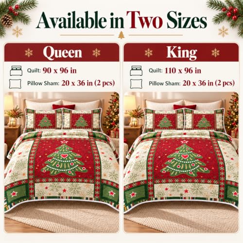 King Christmas Quilt Set with 3-Piece Patchwork Tree Design - Red, Bedding