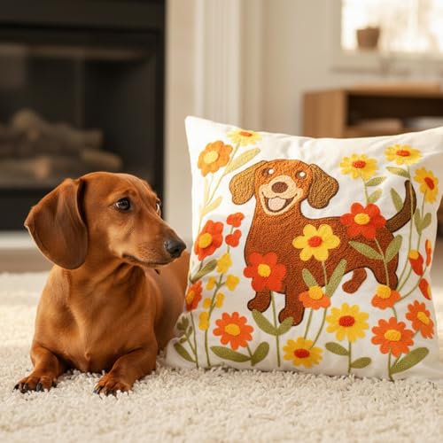 QIONG MENG Dachshund Pillow Cover 18x18 Inch Weiner Dog Embroidered Fall Decor